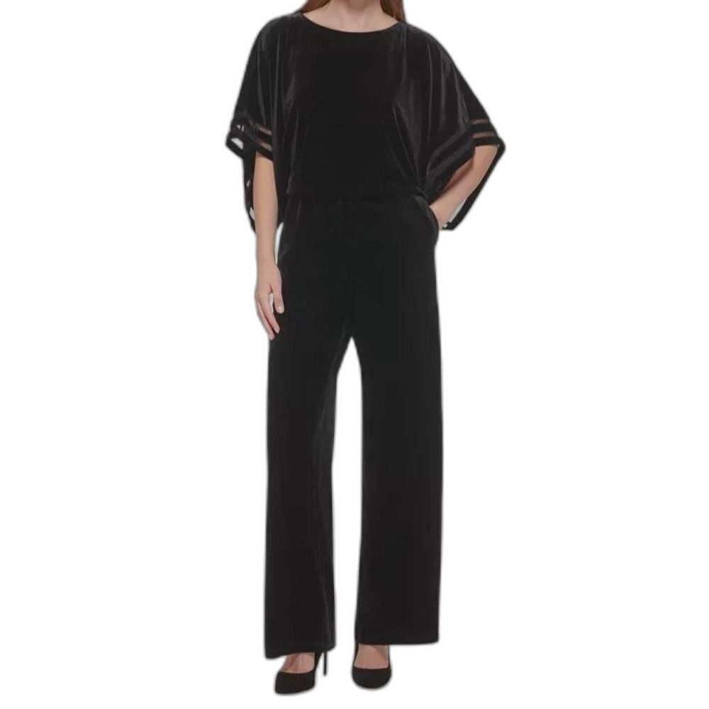 Jessica Howard Velvet Jumpsuit Woman's Size Large Black Wide Leg 3/4 Sleeves